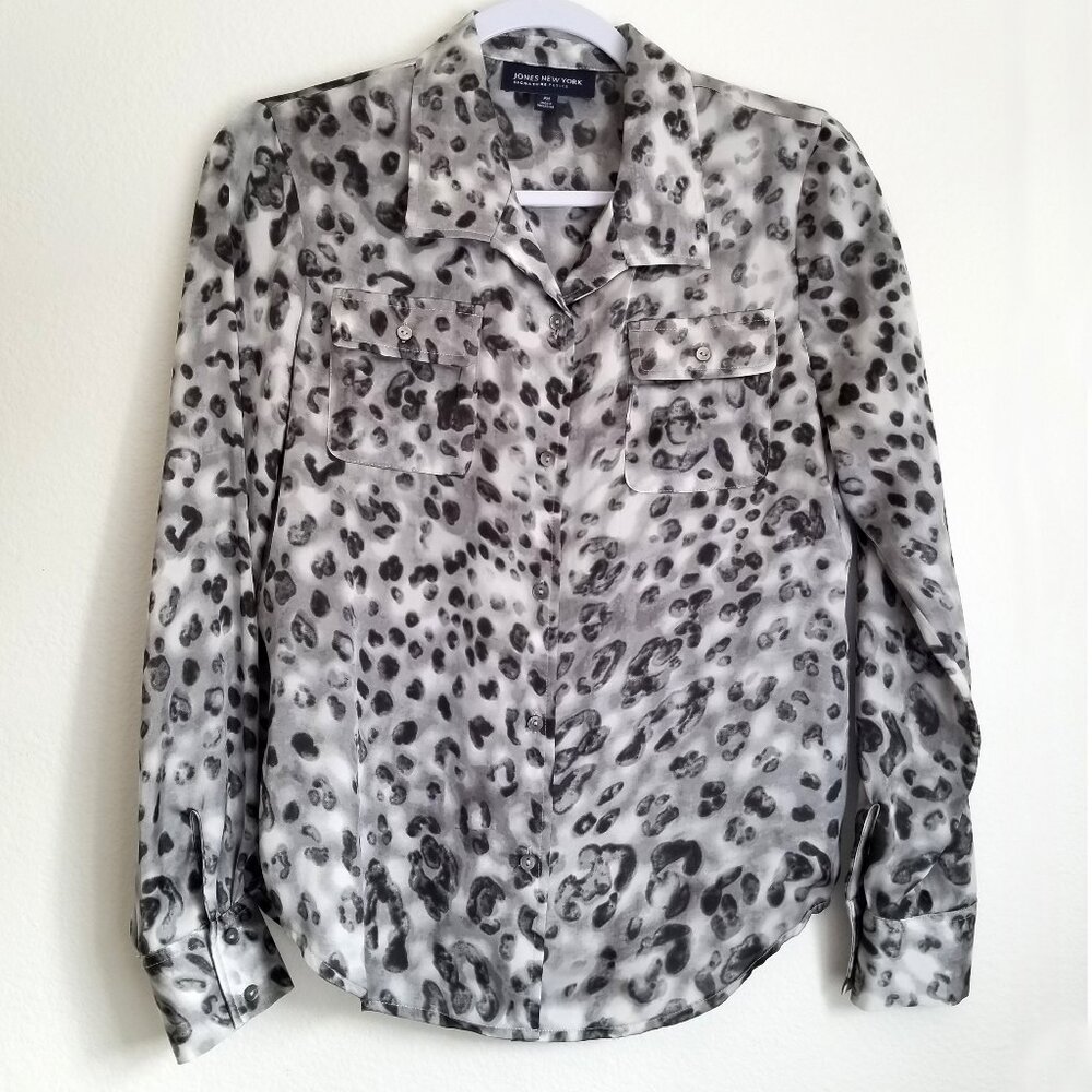 Jones New York Signature Petite Black, Wh & Gray Metallic Mottled Blouse Size PM